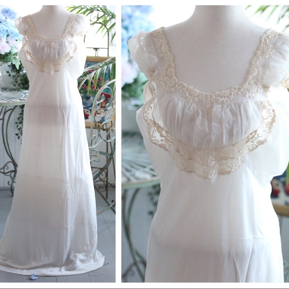 NWT Vintage Deadstock 1940s Sheer Lace White Maxi Dress Forty Winks Night Gown L